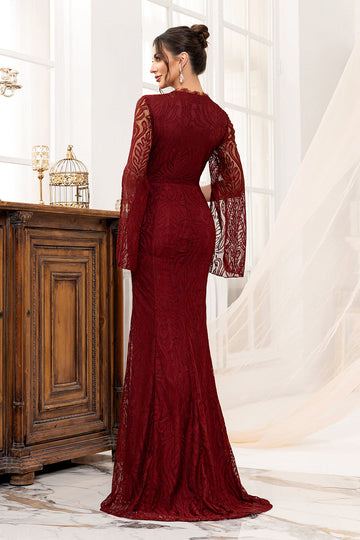 Burgundy Lace Mermaid Long Sleeves Mother of the Bride Dress with Slit